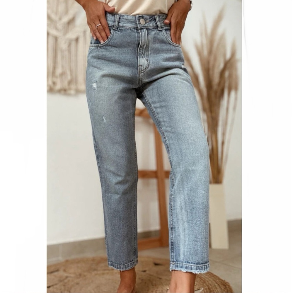 Beau Blue Slightly Distressed Ankle-Length Straight Jeans